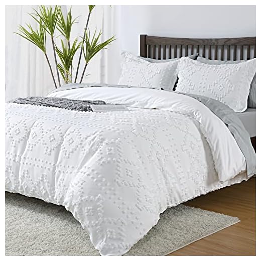 CAROMIO Tufted Duvet Cover Queen Size, 3 Piece Embroidery Geometry Duvet Cover Set, Textured Duvet Covers Boho Bedding, Soft Brushed Fabric Comforter Cover for All Seasons (White, Queen, 90"x90")