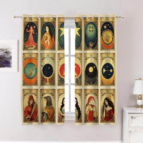 BaoNews Fifteen Cards Mystical Curtains for Bedroom, Tarot Vintage Blackout Drapes Grommet Insulated Thermal Curtains for Living Room, 52X63 Inches 2 Panels