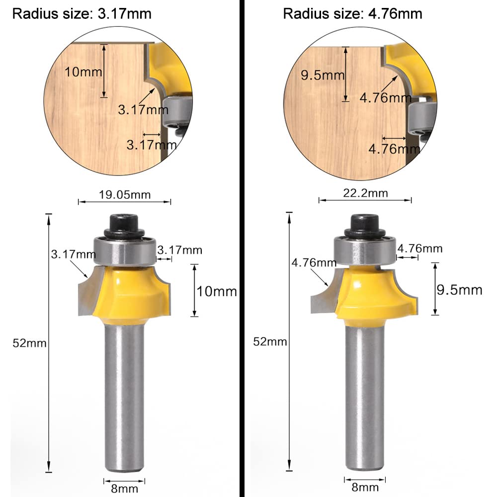 Fraise à Arrondir 8mm ASNOMY - Lot De 5 Rayons Différents - Pour Bois Et CNC