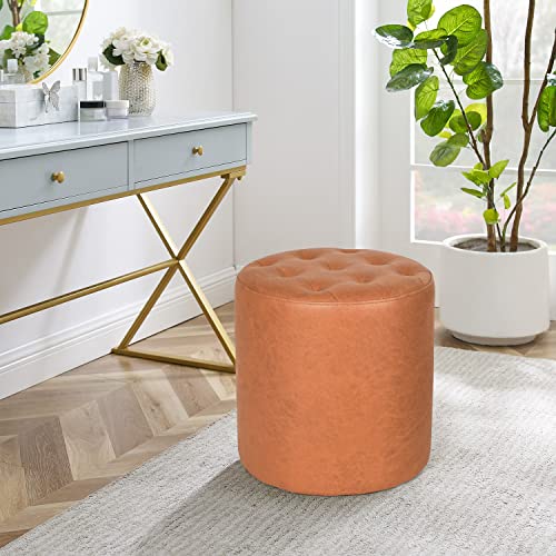 Joveco Round Footrest Ottoman Vanity Stool Upholstered Tufted Footstools for Living Room Bedroom Home Office (Dark Orange) - Thumbnail 2