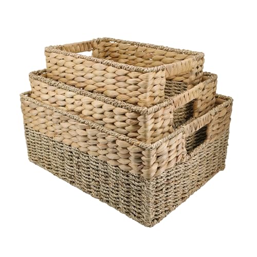 YAHUAN Natural Water Hyacinth & Seagrass Woven Storage Baskets – Wicker Storage Basket Organizer Bins with Handles for Home & Office Pantry Shelf (Set of 3)