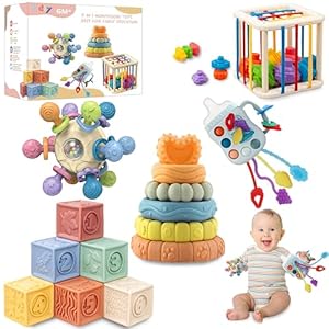 Baby Toys 0-6-12 Months,Montessori Toys for babise 0-6-12-18 Months,Incl Pull String Toy & Shape Sorter & Stacking Building Block & Manhattan ball & Baby Blocksï¼montessori baby toys for 1 + year