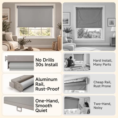 HESTIA No Drill Cordless Blackout Roller Shades Screwless Waterproof Shower Window Blinds, Auto-Retraction Easy Install Blind for Bathroom/Kitchen/Office/Exterior, Grey, 58" W x 72" H by HESTIA - Image 3