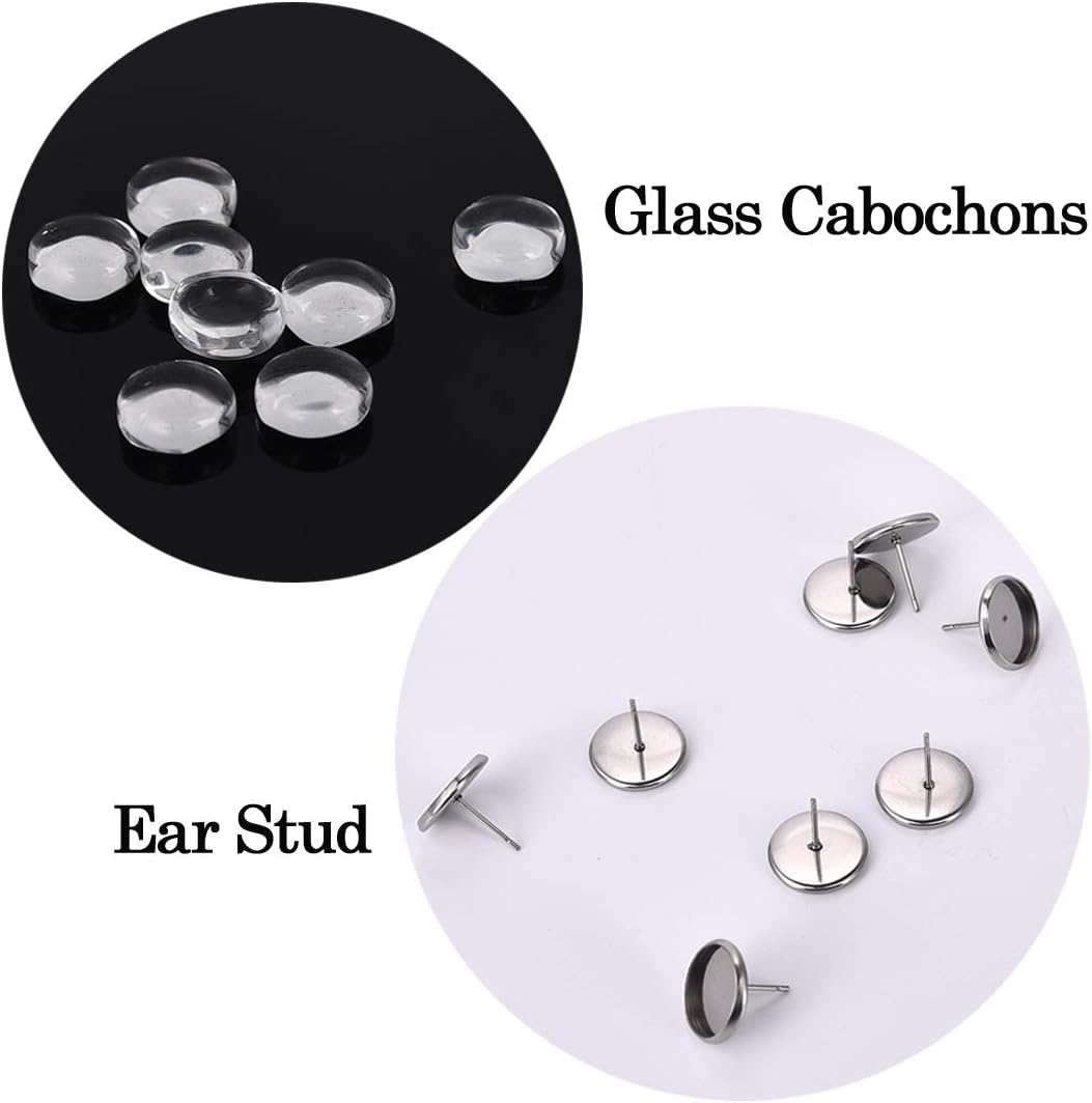DROLE 100Pcs Stainless Steel Flat Round Ear Stud Components-50Pcs Earstud Posts with 50Pcs 8mm Clear Glass Cabochons,Stud Earring Cabochon Setting Post Cup with Glass Tiles