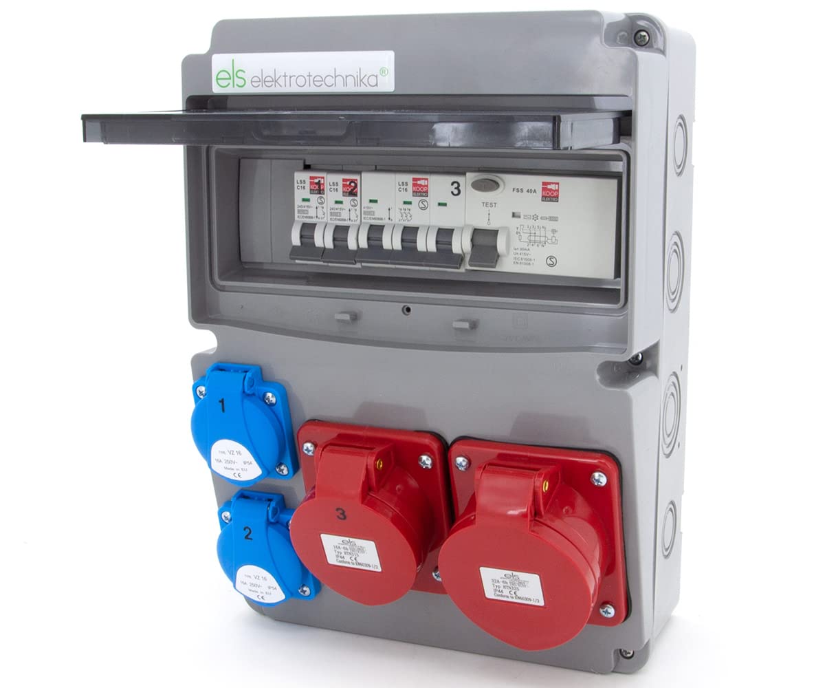 ELS Elektrotechnika Distribuidor de corriente con interruptor de protección FI + 2x Schuko de 230V, 2 interruptores de protección LS + 1x CEE 16A + 1 enchufe CEE de 32A, cableado, listo para conectar.