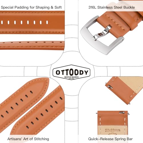 Image of OTTOODY Leather Watch Bands Quick Release, Elegant Top Grain Leather Watch Straps for Men & Women, Choice of Color & Width - 18mm, 19mm, 20mm, 21mm or 22mm Wristbands Bracelet for Watch & Smartwatch