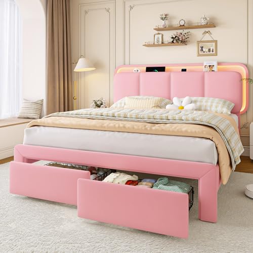 Einhomn Queen Size Upholstered Bed Frame with 2 Underbed Drawers & Storage Headboard Velvet Platform Bed with LED Lights & Charging Station Sturdy Metal & Wood Structure Noise-Free Pink