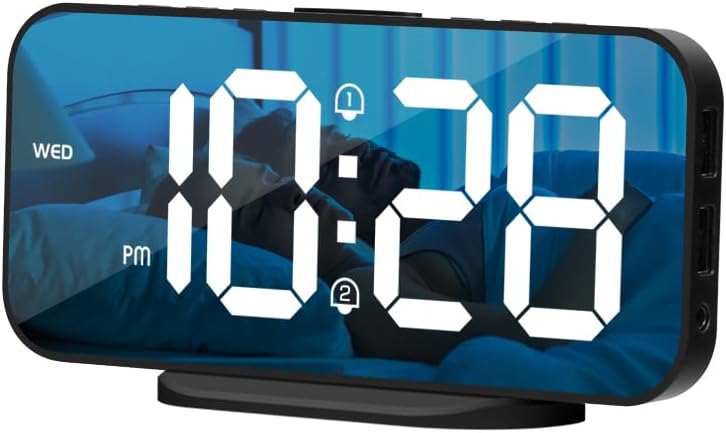 Miniatura 1 de ALANAS Reloj despertador digital con doble alarma, espejo LED reloj despertador para dormitorio para niños, brillo ajustable, repetición, 2 puertos