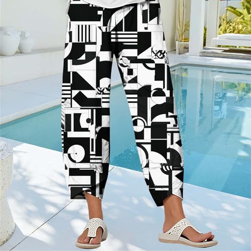 Wide Leg Pants Woman Cotton Linen Palazzo Pants with Pockets Casual Oil Painting Elastic Waist Trousers2