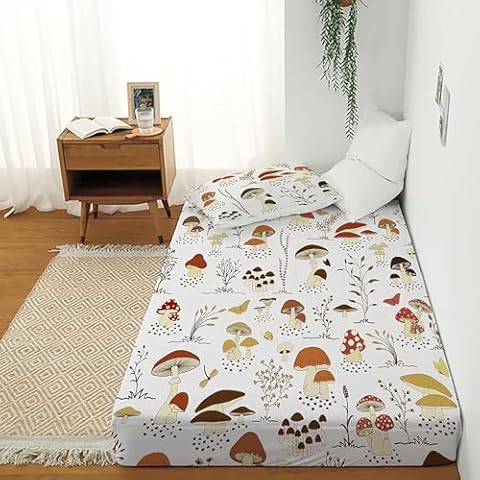MUSOLEI Mushroom Fitted Sheet,Mushroom Sheets Mushroom Bedding,cottagecore Bedding Mushroom Decor for Kids Boys Nursey Girl Twin Sheets Set Deep Pocket Fitted Sheet with Pillowcase Cover