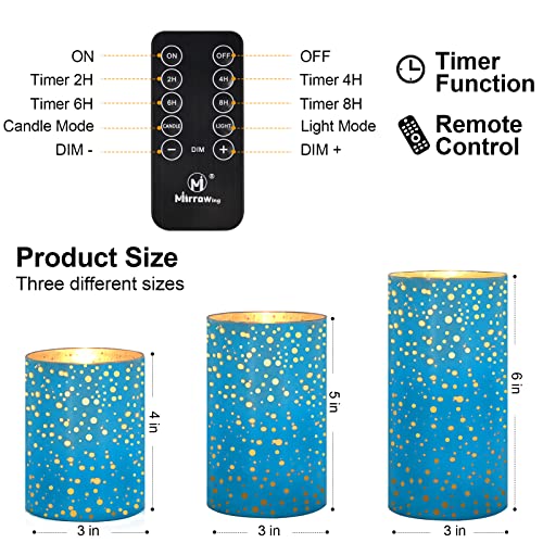M Mirrowing Led Flameless Candles Battery Operated With Remote And Timer,Realistic Flickering Flameless Candles,Mercury Glass Led Pillar Candles, Set Of 3 (D 3"×H 4" 5" 6") Electroplating Blue #TOP5