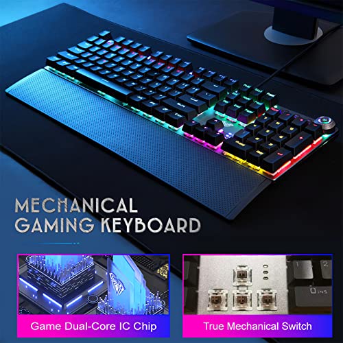 Aula True Mechanical Keyboard Wired Led Rainbow Backlit Gaming Keyboard With Tactile Brown Switches Detachable Wrist Rest, Full Size 108 Keys Anti-Ghosting Computer Mechanical Keyboard - Black #TOP1