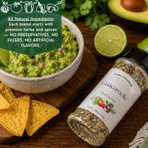 Image of Lesley Elizabeth Guacamole Dip & Seasoning - Zesty Garlic, Onion & Citrus Blend - 8.4 oz (250 ml) PET Shaker for Tex-Mex, Avocado Dips & Party Snacks