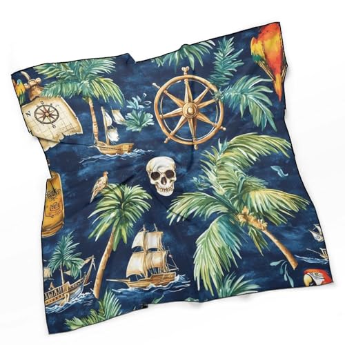 Skull Sailing Ship Parrot Coconut Tree 27"" Silk Head Scarf for Women Square Scarves Fashion Headscarf for Hair Wrapping3
