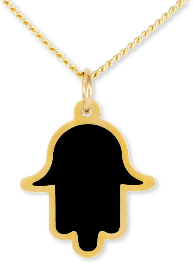 Gold Plated Tiny Hamsa Hand Necklace Pendant for Women Protection Jewelry with Hand Painted Black Enamel, 17.5" Chain