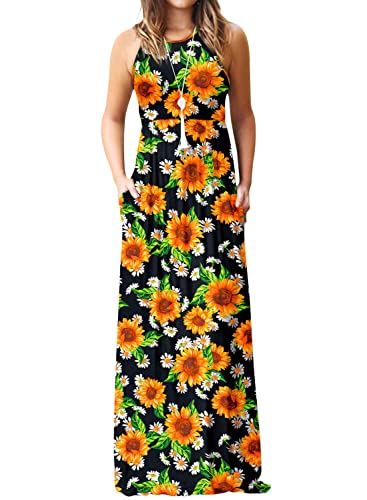 Image of EUOVMY Women's Sleeveless Dress Casual Plain Loose Summer Long Maxi Dresses with Pockets