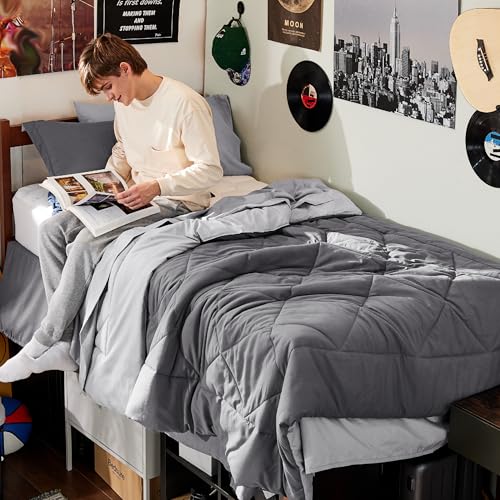 Image of Bedsure Twin XL Comforter - 5 Pieces Reversible Dark Grey Bed in a Bag, Twin XL Bedding Comforter Set College Dorm Essentials with 1 Flat Sheet, 1 Fitted Sheet, 1 Pillowcase and 1 Pillow Sham