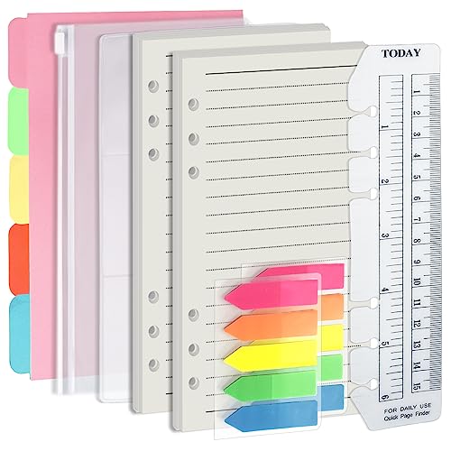 Harphia A6 6 Holes Binder Refill Value Set 90 Sheets Ruled Line Planner Insert 5 Sheets Binder Paper Dividers Translucent Planner Pocket PVC Binder Card Bag 200Pcs Colorful Index Stickers