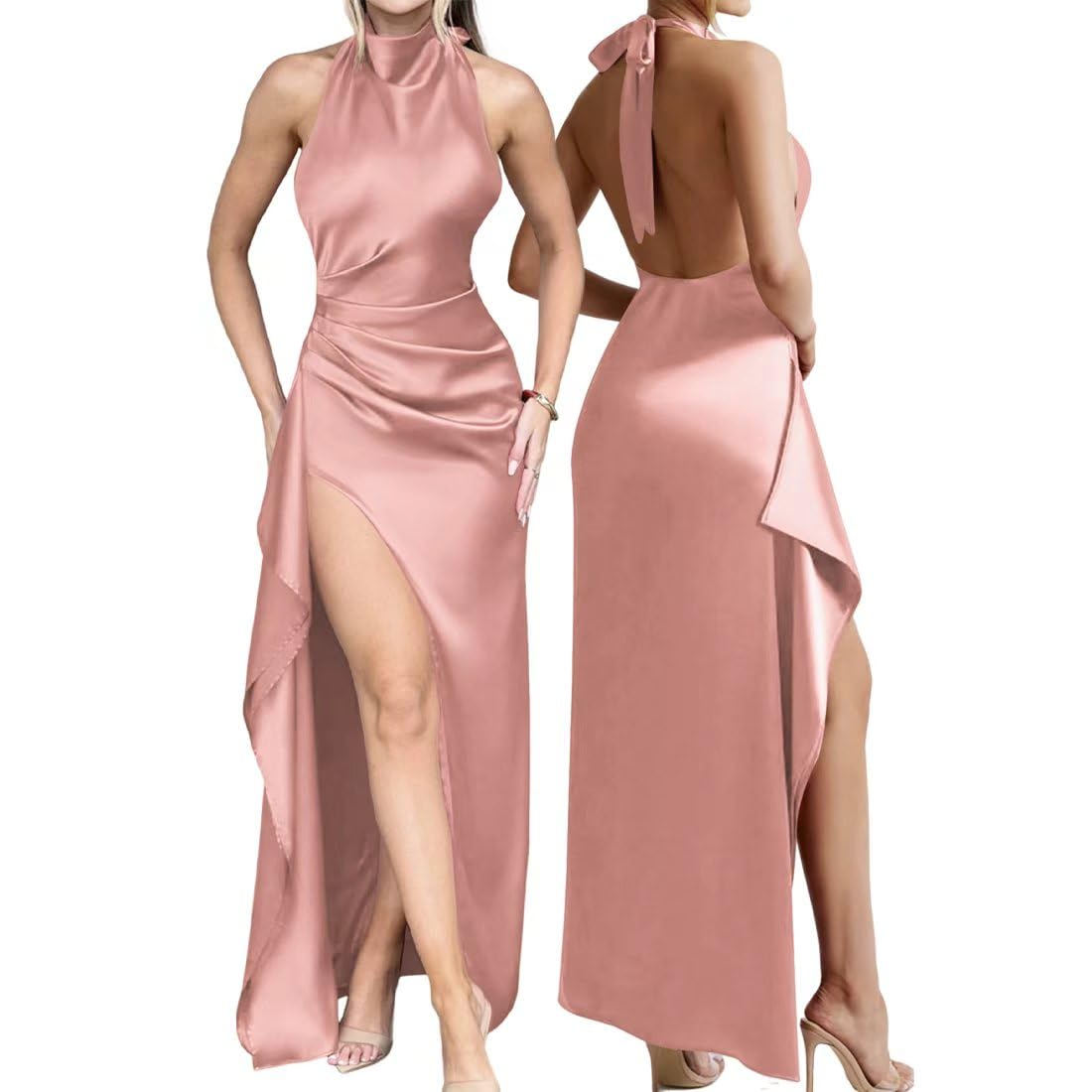 Robe Femme Sexy Longue Robes Maxi Dos Nu Fendue en Satin Robe de Soirée sans Manches Col Halter Chic Et Elégant Robes de Cocktail Party Demoiselle d'honneur