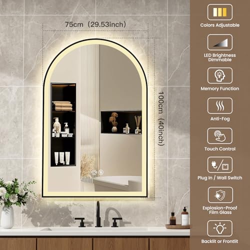 40''x30'' Arched LED Bathroom Mirror with Lights, Lighted Mirrors for Bathroom Wall, Anti-Fog, 3 Colors Dimmable, Memory Function, Backlit + Front Lit, Waterproof, Shatter-Proof, Black Framed Arched by Bonadays - Used condition - Image 2