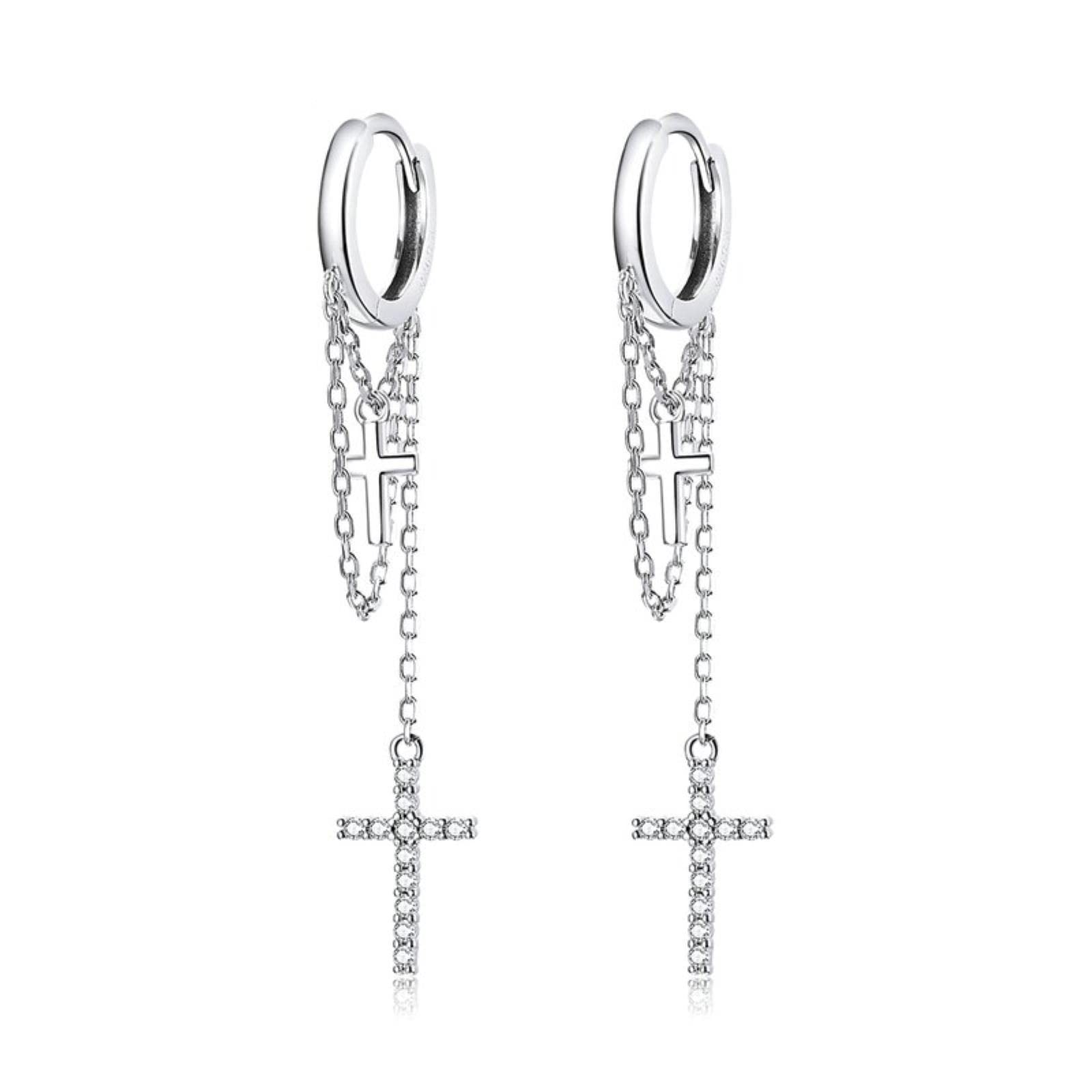 BEDT Orecchini A Croce Classici in Argento Orecchini A Cerchio A Catena Lunga in Argento Sterling 925 con Lustro Cz per Gioielli da Donna