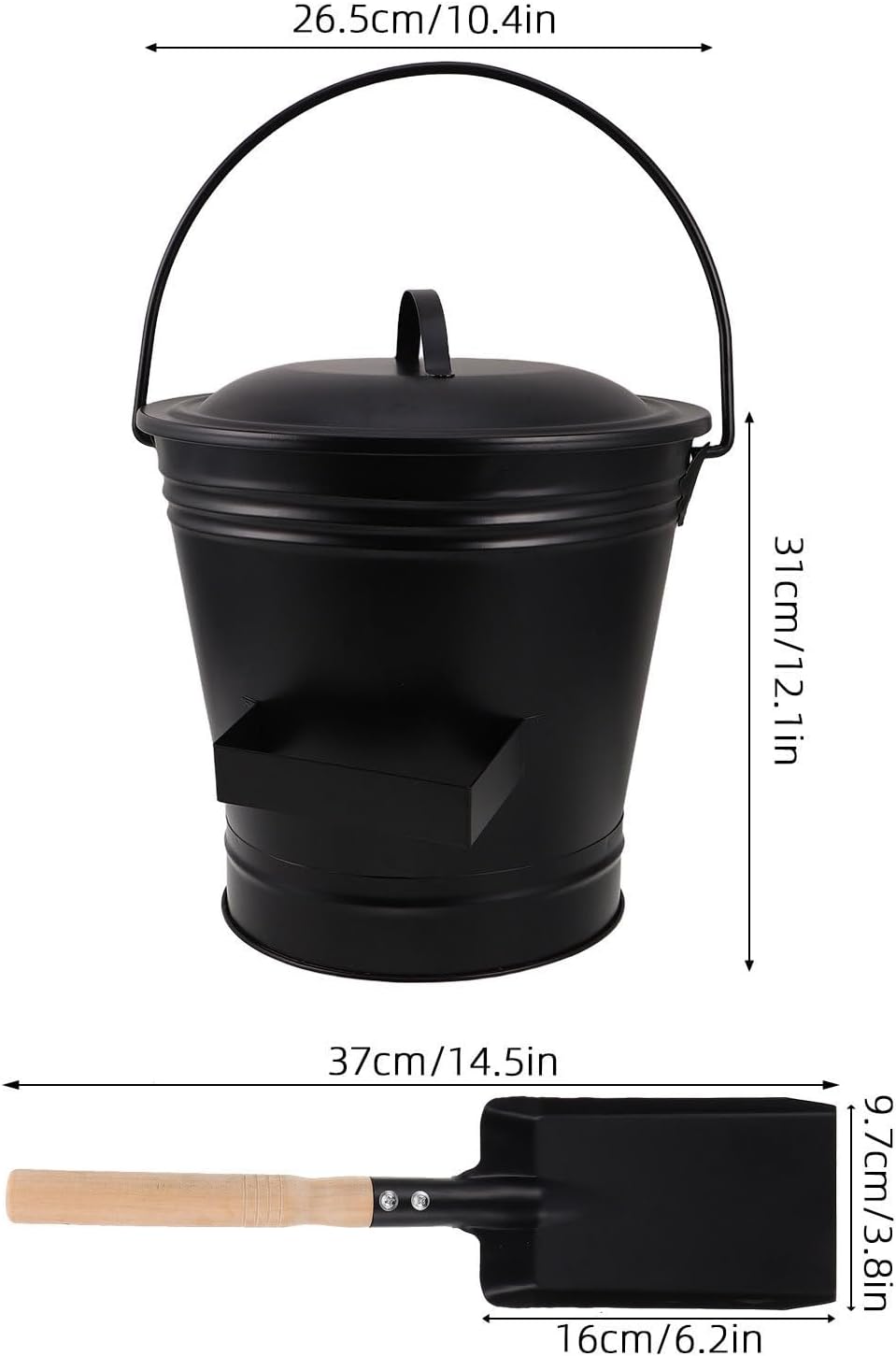 Mikinona Fireplace Cleanup Tools Set with Coal Ash Bucket and Ash Scoop Shovel, Rust Resistant Iron and Wood Construction, Heat Resistant with Antislip Handle, for Indoor Fireplaces