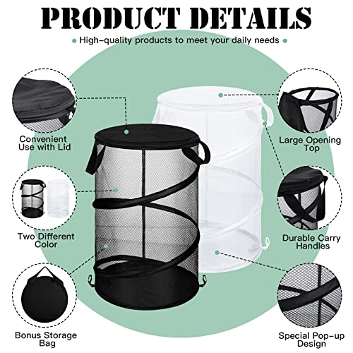 4 Set Pop Up Laundry Hamper With Lid Mesh Collapsible Laundry Baskets With Handles Round Foldable Pop Up Hamper With Sticky Hooks For Dirty Clothes Storage Room Organizer Travel Room Dorm White, Black #TOP2