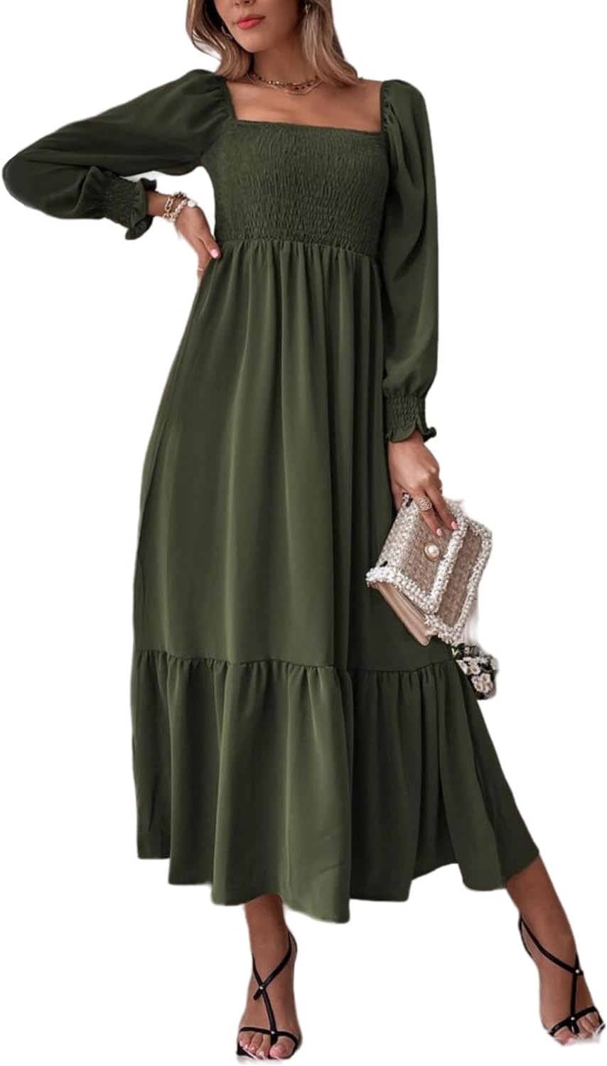 (Small) Women's Sqaure Neck Casual Dress Long Sleeve Maxi Dress Ruffle Shirred Flowy Long Dress