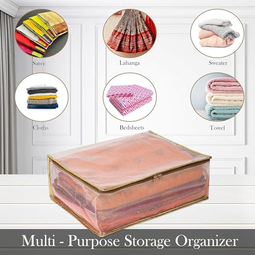 Image of Kuber Industries Pvc Pack Of 4 Saree Cover|Dress Packing Bags With Zip|Saree Pouches For Storage|Clothes Organizer For Wardrobe|Gold Lace|Transparent,30 * 22 Cm