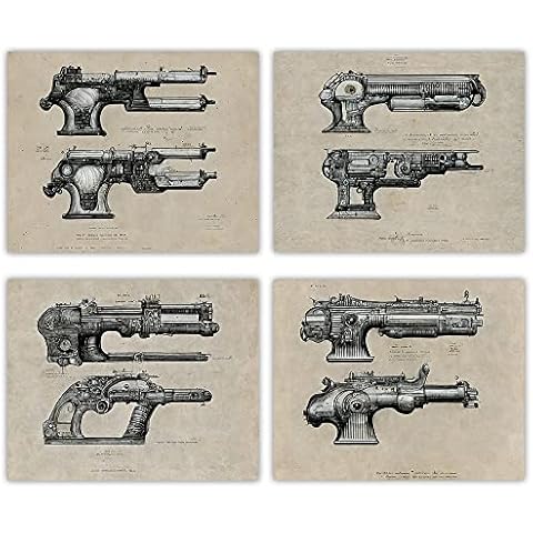 Retro Sci-Fi Steampunk Pistols Design Art - Set of Four Gallery Wall Photos (8x10) Unframed Print Poster - Makes a Great Decor and Gift For Gun Enthusiasts and Steampunk Genre Fans Cover