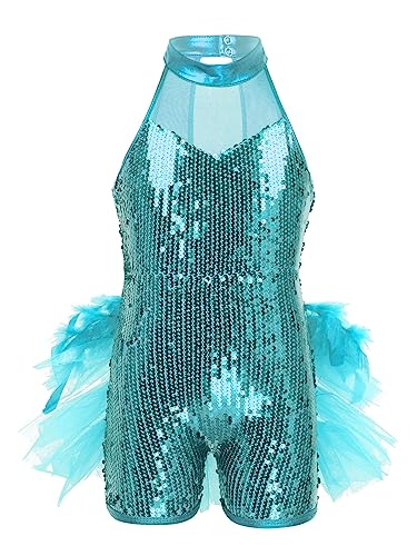 Jowowha Girls Sequin Dance Dress Hip Hop Jazz Performance Outfit for Kids Sleeveless Leotard Dance Costume Light Blue A 9-10 Years