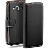 moex Étui à rabat compatible avec Samsung Galaxy Grand Prime, étui pour téléphone portable avec fente pour carte, étui à rabat à 360 degrés, étui pour téléphone portable en cuir végétalien, Noir profond