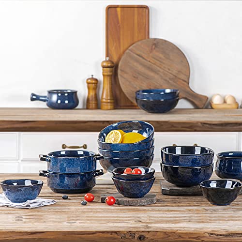 Image of vicrays Ceramic Cereal Bowls - 26 Ounce Porcelain Soup Salad Rice Dessert Cream Set - Chip Resistant Dishwasher Microwave Safe - Set of 6 (Blue)