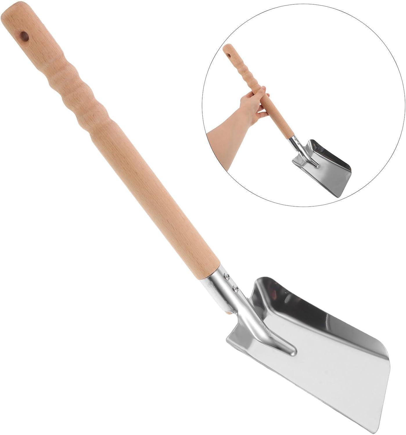 Fireplace Ash Shovel Multi-Purpose Coal Scoop Stainless Steel with Wood Handle, Compact Design for Fire Pit and Stove Cleaning, for Garden and Outdoor Use