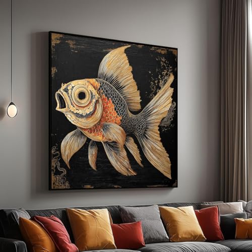 Tableau poisson rouge prêt à accrocher - Toile vintage déco murale XINBAO 45x45
