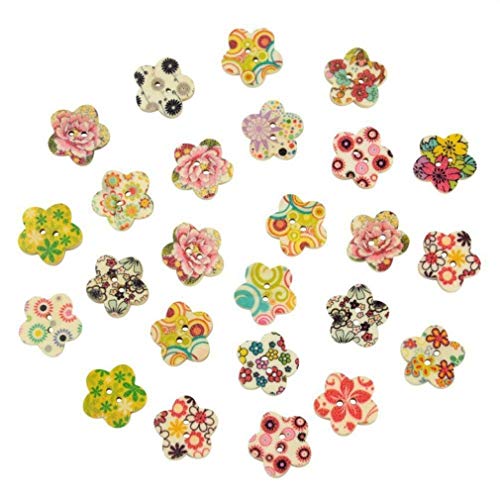 BelongsU 50 Stück Mehrfarbig Holzknöpfe Gemischt Zufällig 2 Löcher Drucken Handgemacht Dekorative knöpfe zum DIY Kunsthandwerk Nähen Scrapbooking Knöpfe, 17mm Blume Cover