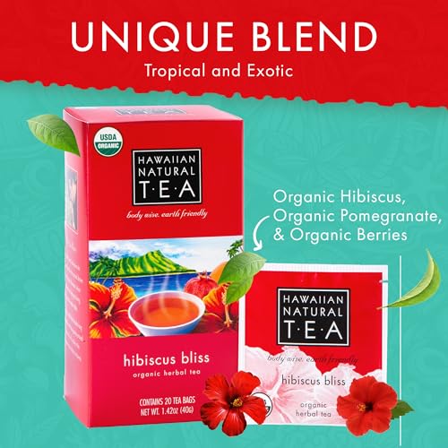 Image of Hawaiian Natural Tea Hibiscus Flavored Organic Herbal Tea - Caffeine Free All Natural For Wellness, Perfect Daily Cup & Gift - 120 Bags