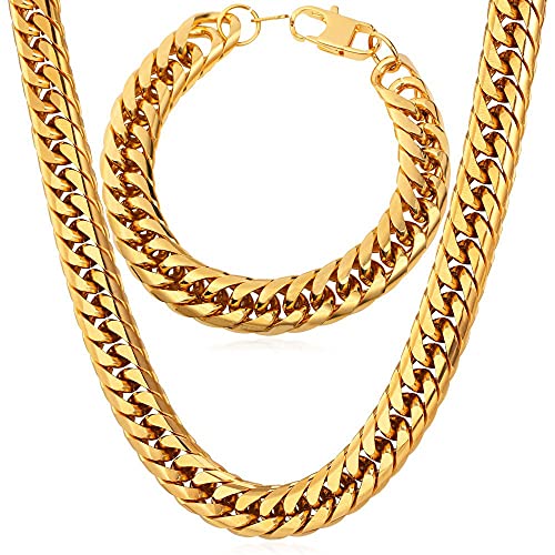 U7 Cuban Link Chain Necklace for Men, 12mm/9mm/6mm Miami Curb Chain, Stainless Steel/Black/18K Gold Plated, Hip Hop Jewelry, Heavy Duty Thick Chain Gi