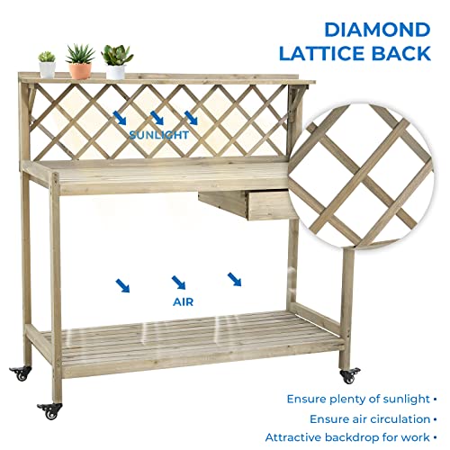 Lawnion Garden Potting Bench, Wooden Planting Table With Wheels, Outside Workstation Table W/Cabinet Drawer, Lattice Back, Outdoor Prep Station For Patio Lawn Garden, Natural Fir Wood (Natural Wood) #TOP6