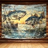 DYNH Gone Fishing Tapestry, Summer Lake Bass Tapestries, Rustic Wood Fishing Themed Wall Hanging Decor for Fisherman Party Bedroom Living Room,60X40Inches