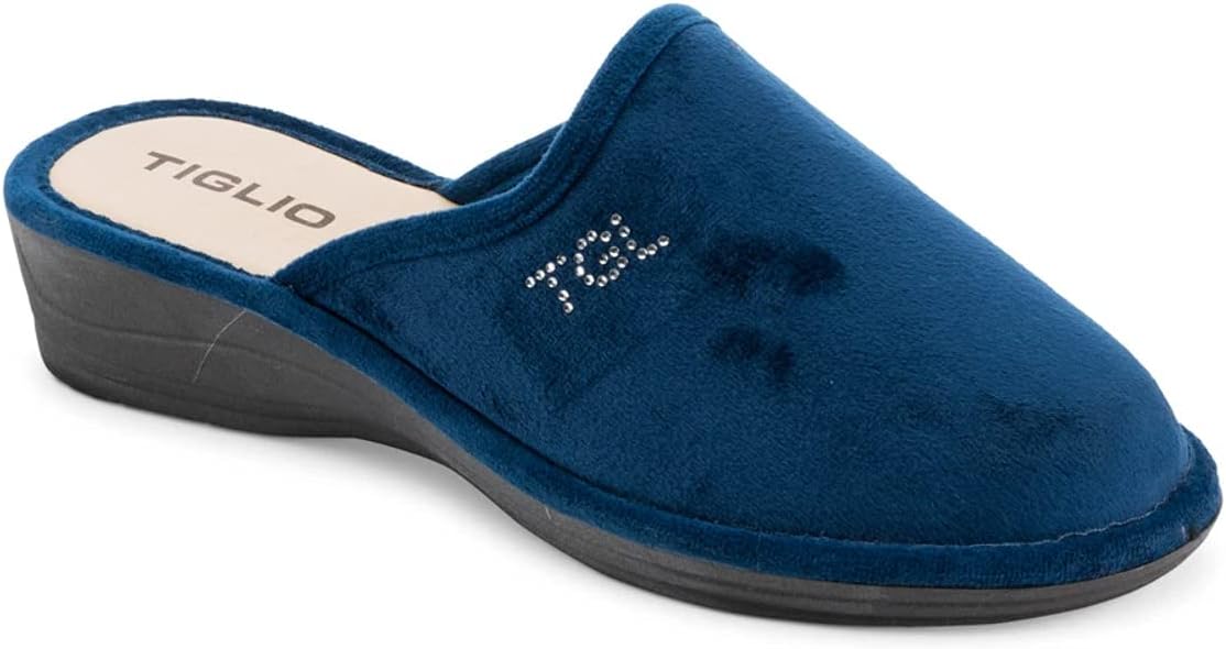 tiglioSophia Art. 1600 - Women's slippers with upper in soft velvet with rhinestones TGL blue 40