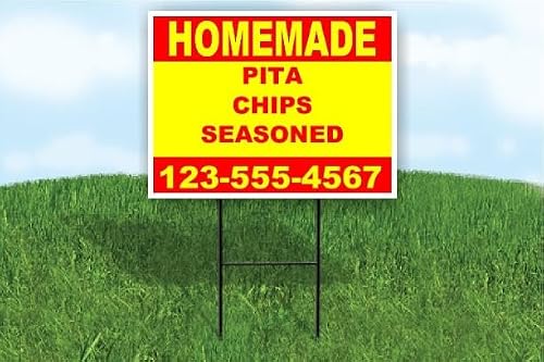 Pita Chips Seasoned Homemade Red Yellow Customizable Yard Sign Double Sided 18 in. x 24 in. with Stand | Add Phone Number Email Business Name or Personalized Message | Outdoor Weatherproof Property Sign | Custom Road Display | Qty 1