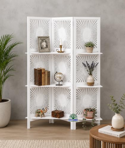 Image of 3 Panel Wooden Room Divider Partition with Shelves, Folding Privacy Screen for Living Room & Bedroom, Decorative Jali Design, 60 x 72 Inch, Sun White with Shelves