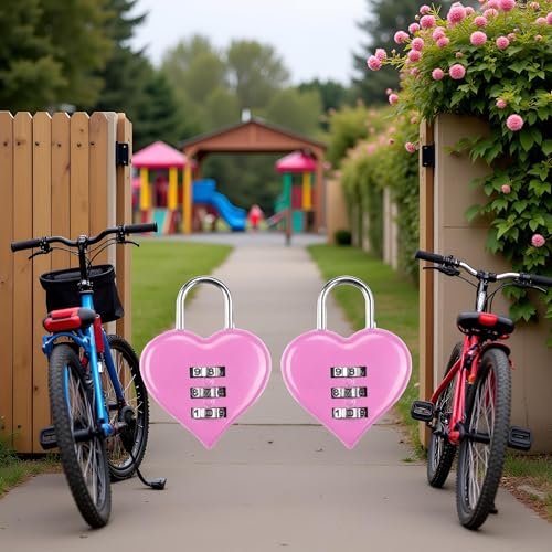 Image of 2Pcs Pink Combination Lock, Heart Shape 3 Digital Password Padlock, Mini Outdoor Combo Gate Lock for School Gym Locker, Fence Gate, Toolbox, Employee Hasp Locker Combination Padlocks Hardware