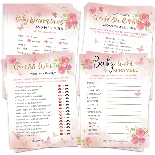 HOMANGA Baby Shower Games for Girl 4 Fun Games for 25 Guests Who Knows Mommy Best Guess Who Mommy or Daddy Word Scramble Babies descriptions & Well Wishes Pink Floral Baby Shower Decorations
