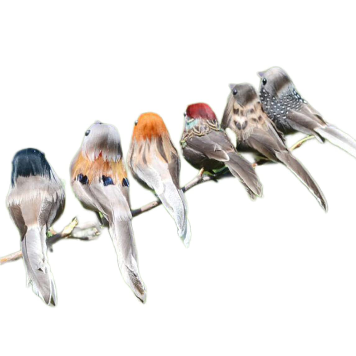 Artificial Colourful Clip-on Feather Birds - 6pcs Decorative Foam Figurines and Garden Ornaments