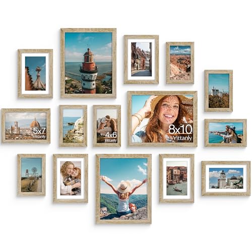 Vittanly 15 Pack Picture Frames Collage Wall Decor, Multi Sizes Including 3pcs 8x10, 6pcs 5x7 and 6pcs 4x6 Photo Frames, Gallery Frame Set for Wall or Tabletop Display, Light Wood