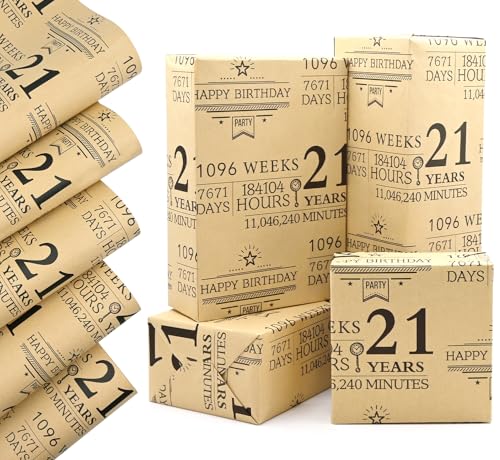 QRTDXP 50x 70cm 21st Birthday Wrapping Paper 5pcs Recyclable Kraft Paper Sheets Designed for 21 Years Old Suitable for Packing Birthday Party Present