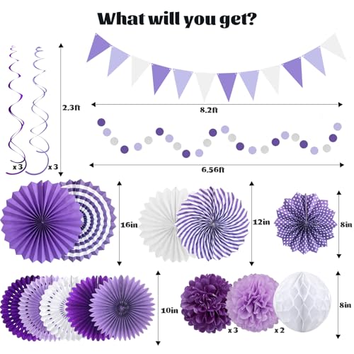 Image of 24 Pcs Purple Birthday Decorations Kit, Reusable Hanging Paper Fans Triangle Banner Tissue Pom Poms for Lavender Party Event and Wedding Graduation Bridal Shower Retirement