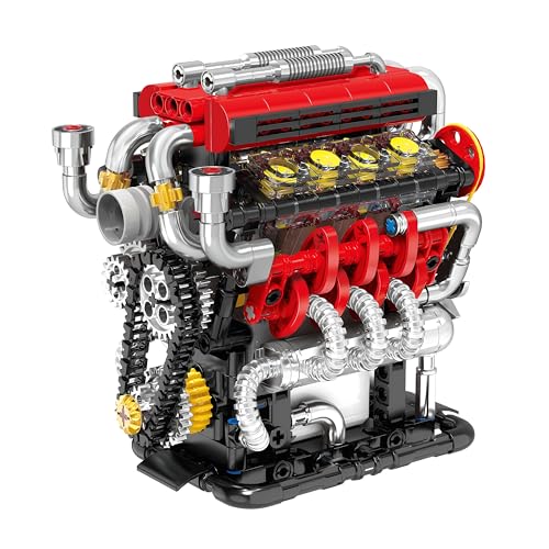 HXBIU Red V8 Engine Model Kit to Build, 538-Piece Motorized Mechanic Toy with Rechargeable Battery, Classic Sports Car Engine Building Set, STEM Science Gift for Adults & Kids Ages 14 +